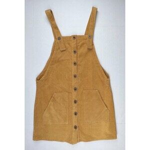 FOREVER 21 Corduroy Overall Mini Dress Womens Medium Mustard Button Front Jumper